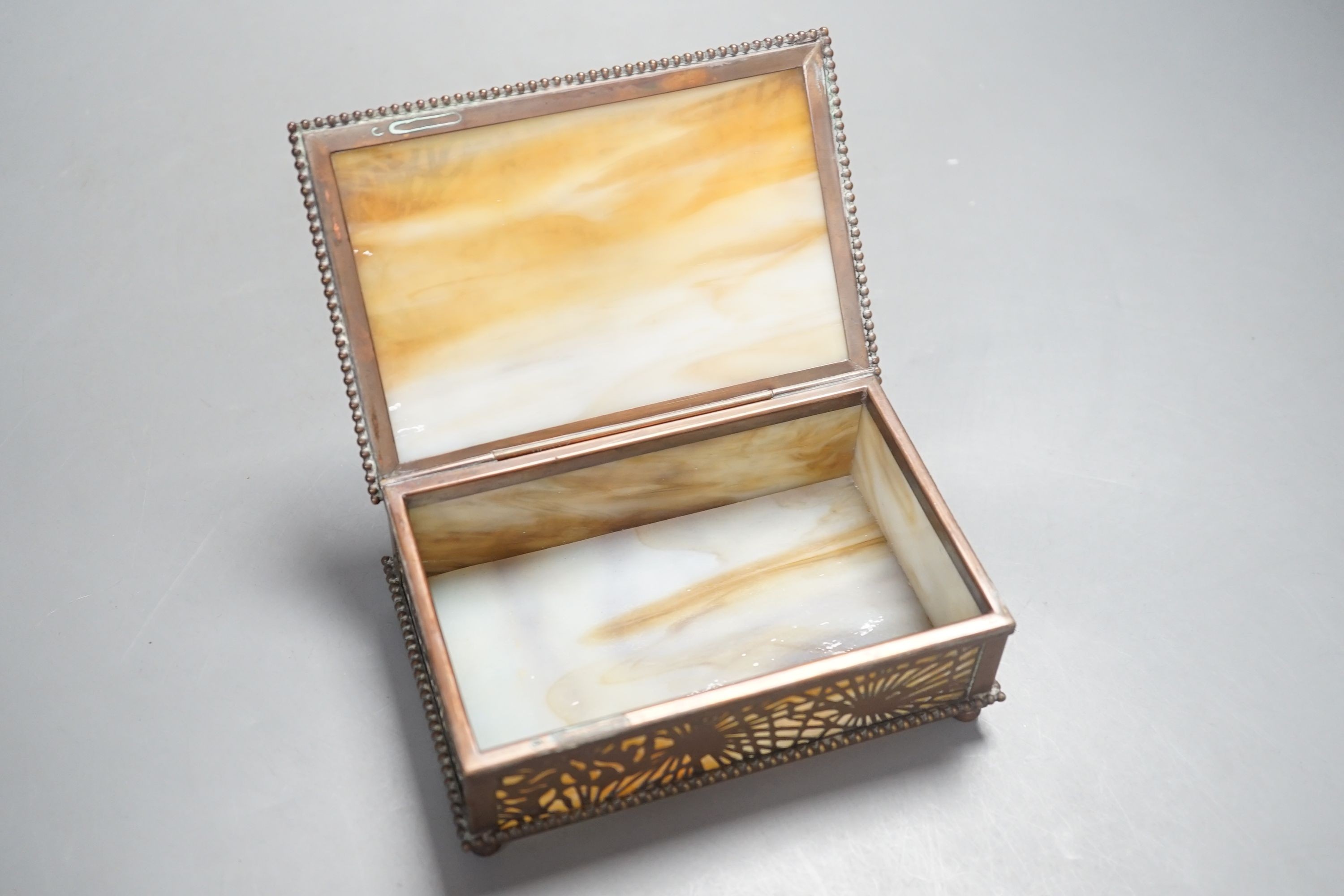 A Tiffany Studios box, pine needles pattern, 15 cms wide x 5cms high.